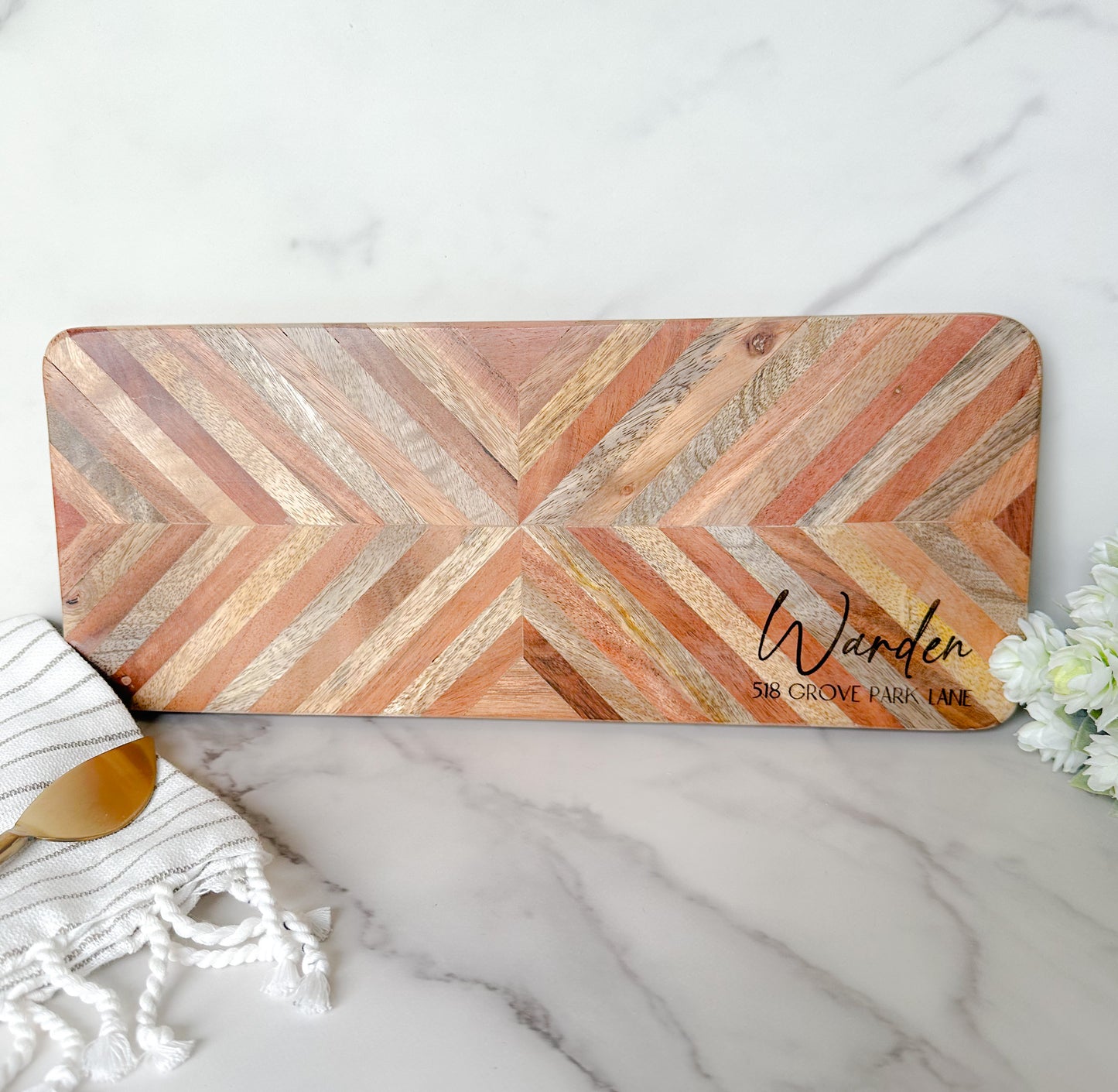 Personalized Mango Wood Cheese Board with Chevron Pattern