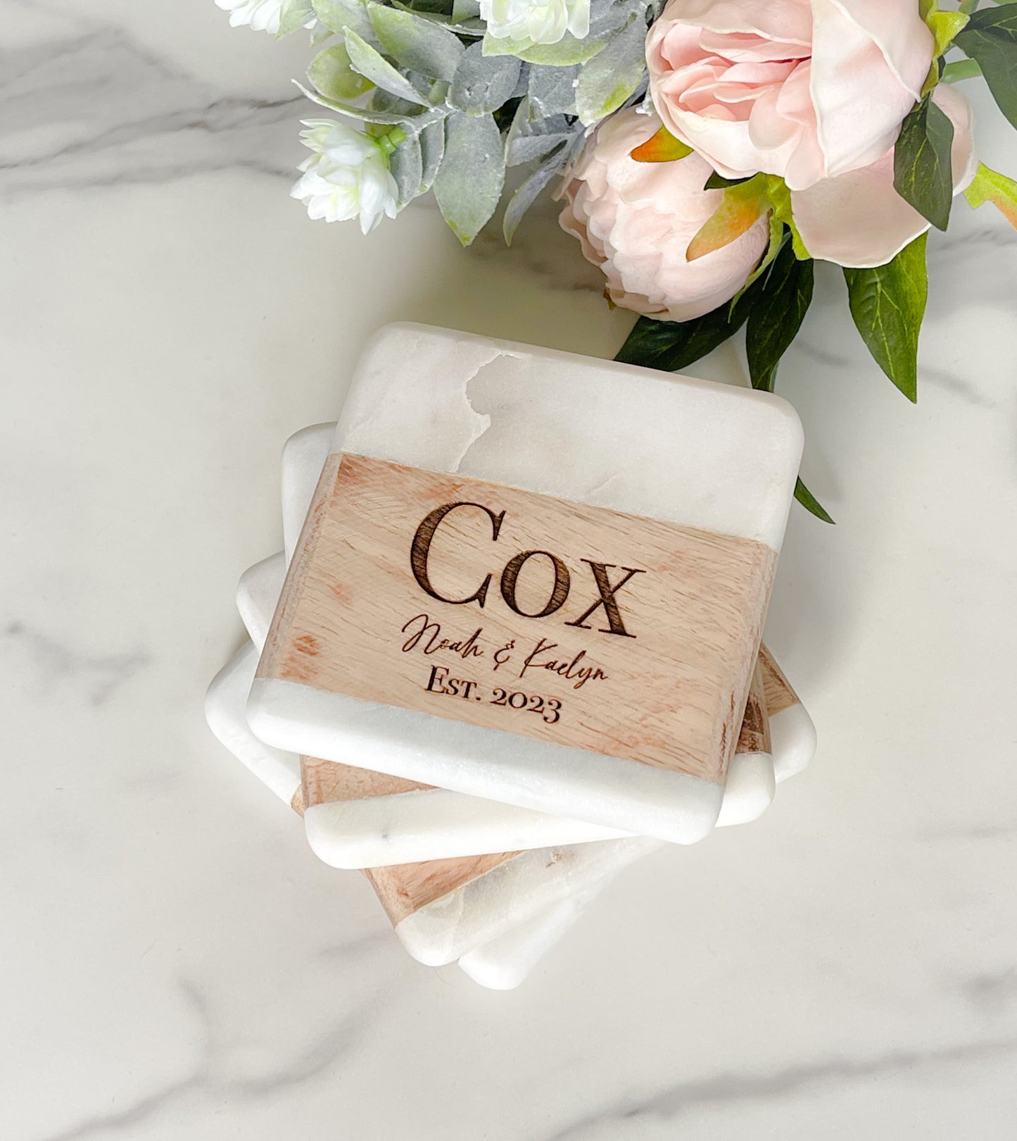 Personalized Square Marble and Wood Coaster Set