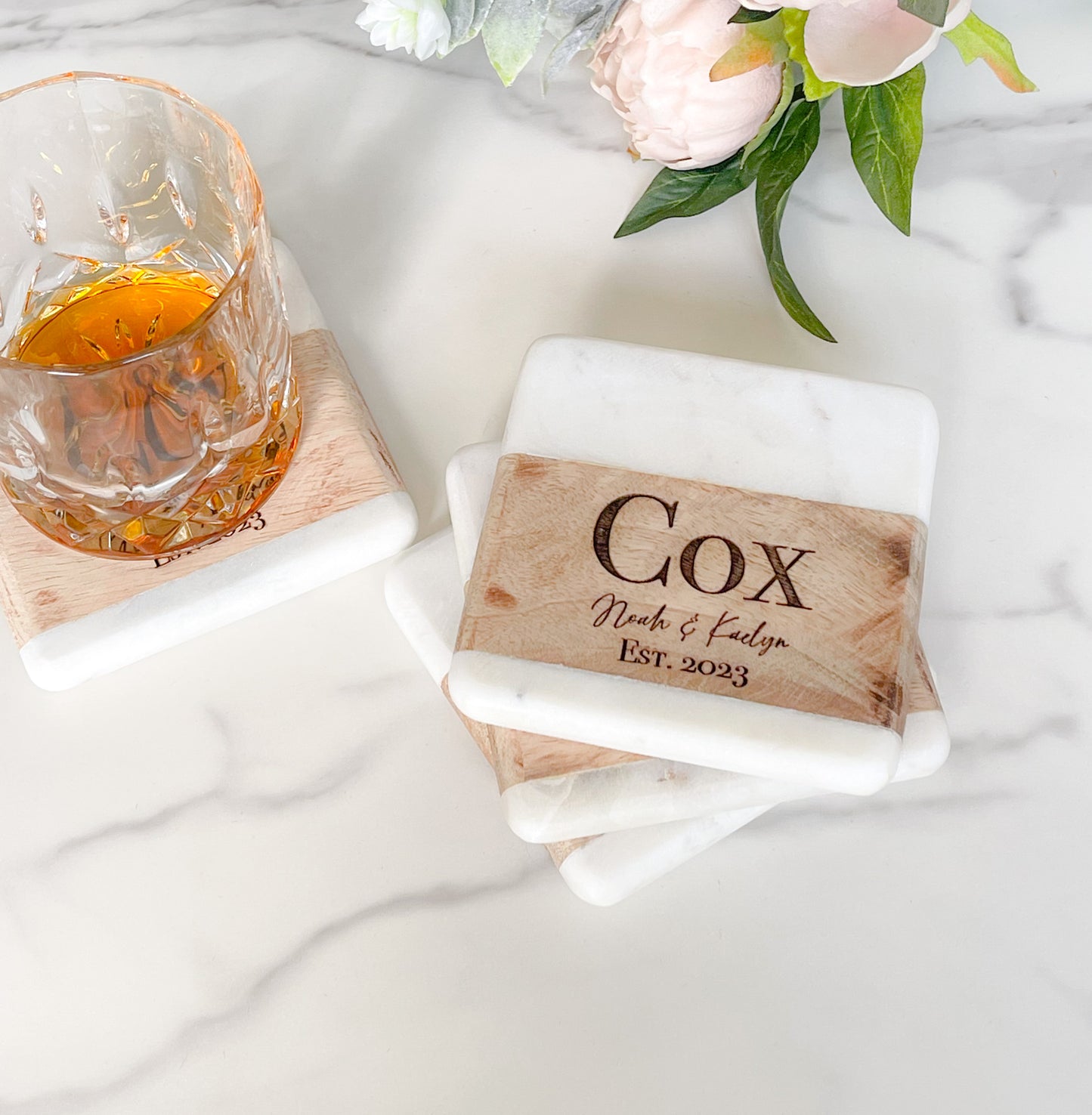 Personalized Square Marble and Wood Coaster Set