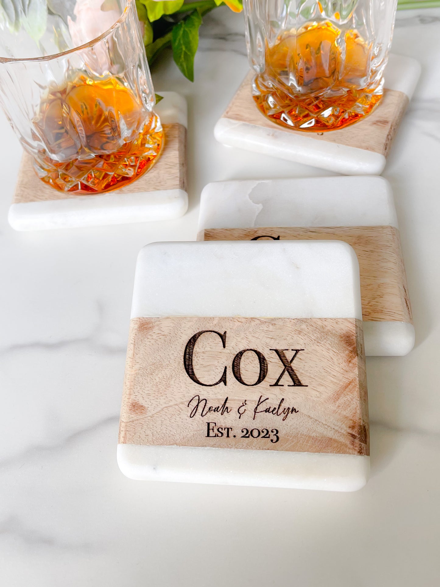 Personalized Square Marble and Wood Coaster Set