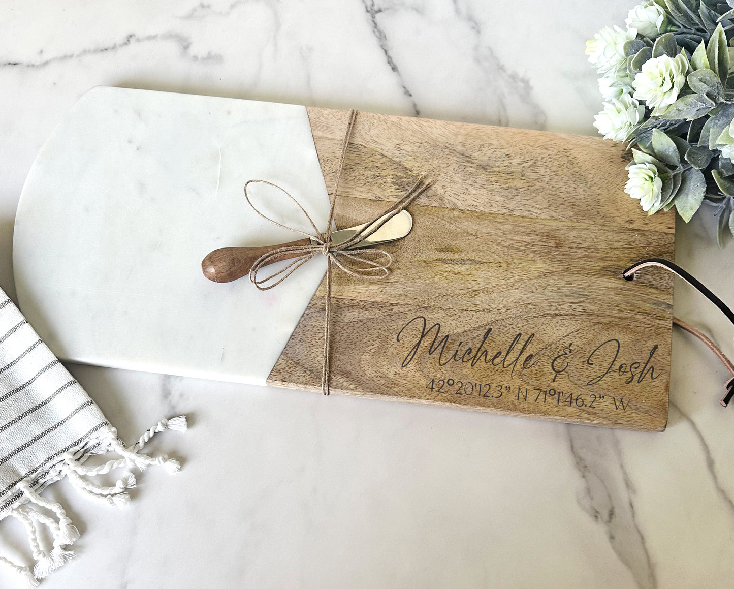 Personalized Mango Wood and Marble Charcuterie Board & Server Set