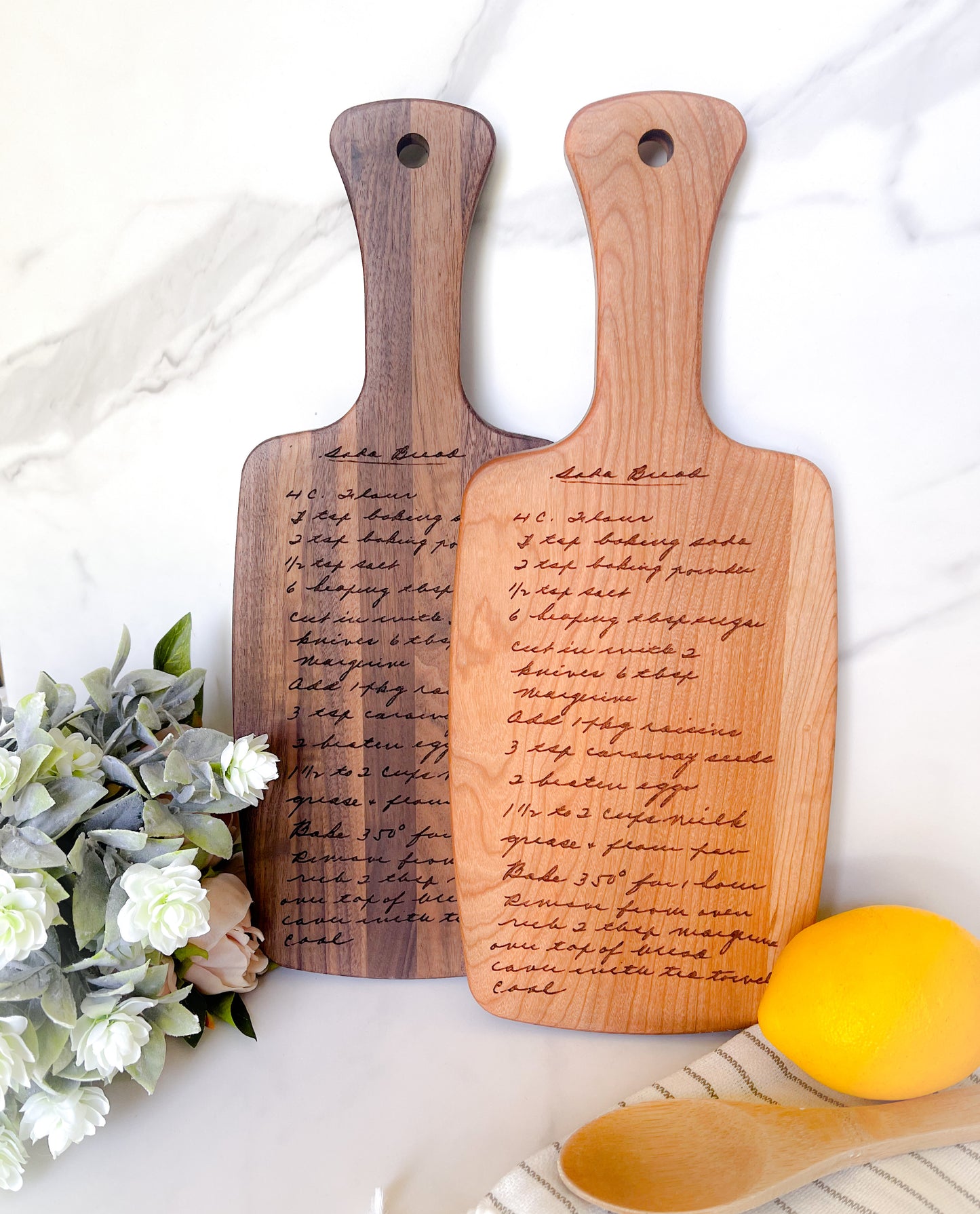 Handwritten Recipe Cutting Board - Small hardwood board with handle