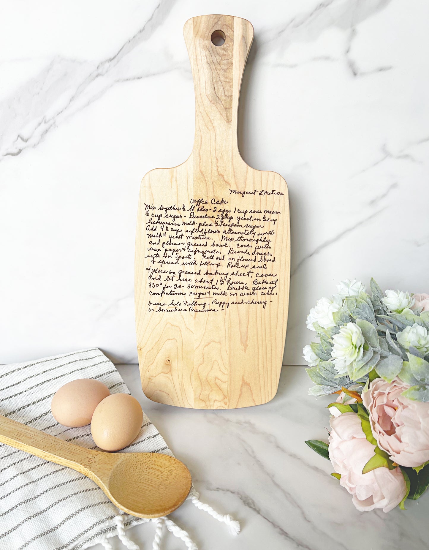 Handwritten Recipe Cutting Board - Small hardwood board with handle