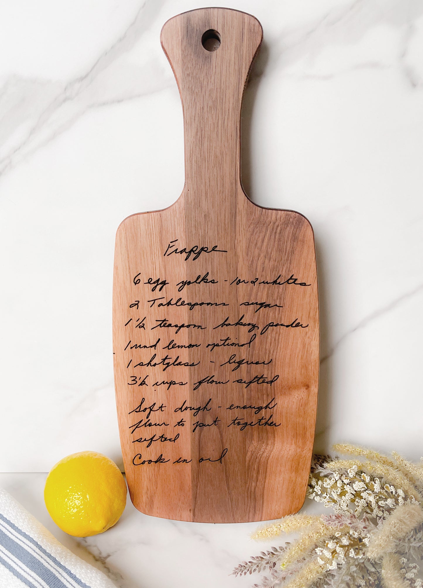 Handwritten Recipe Cutting Board - Small hardwood board with handle